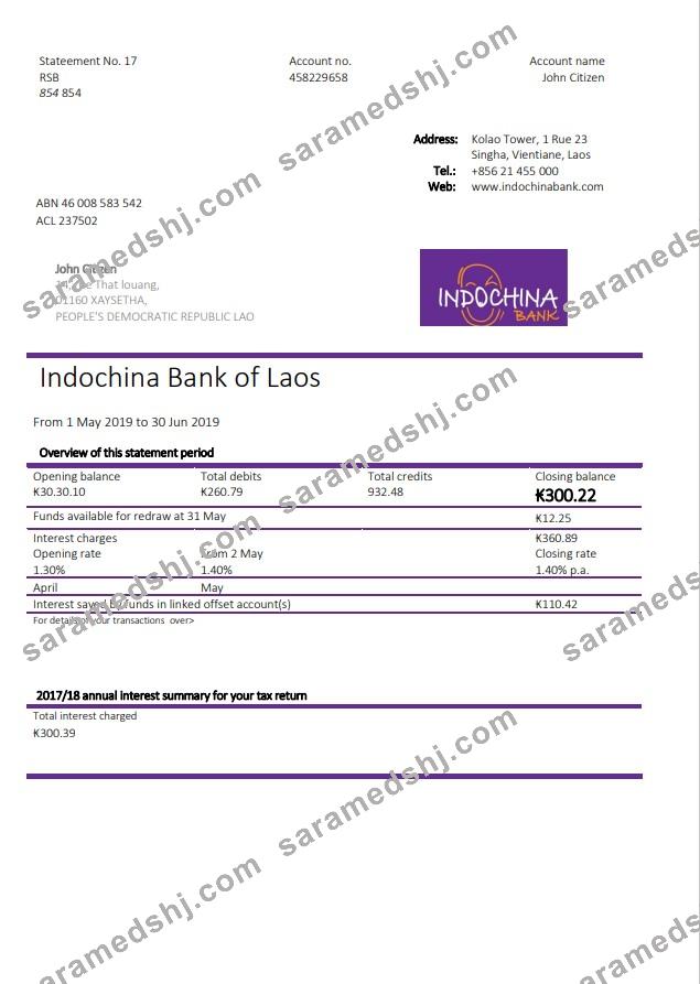 Laos Indochina Bank statement